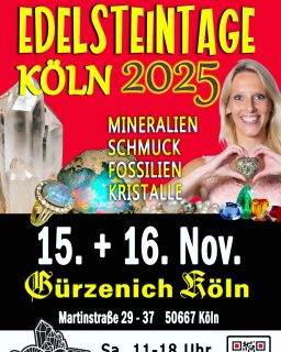 :🌟 Edelsteintage Köln im Gürzenich – 15. & 16. November 2025 🌟
Freut euch auf ein funkelndes Wochenende im Herzen von Köln! 💎✨ Rund 50 Aussteller aus nah und fern präsentieren ihre Schätze der Erde: 🔹 Mineralien, Edelsteine, Fossilien, Kristalle & Schmuck 🔹 Spannendes Highlight: Geodenknacken – die Überraschungseier der Natur! 🔹 Kostenlose Edelsteinbestimmung vor Ort 🔹 Eintritt frei für Kinder in Begleitung eines Erwachsenen 👨👩👧👦 📍 Ort: Gürzenich Köln 📅 Datum: Samstag & Sonntag, 15. + 16. November 2025 🕙 Uhrzeit: Sa. 11–18 Uhr und So. 13-18 Uhr (wegen Volkstrauertag) 👉 Entdeckt, staunt, fragt, kauft – ein glänzendes Erlebnis für die ganze Familie! Teilt den Beitrag und bringt eure Freunde mit – wir freuen uns auf euch! 💖 #edelsteintageköln #edelsteine #mineralien #fossilien #kristalle #gürzenichköln #familienevent #geodenknacken #mineralienmesse #veranstaltungenköln
