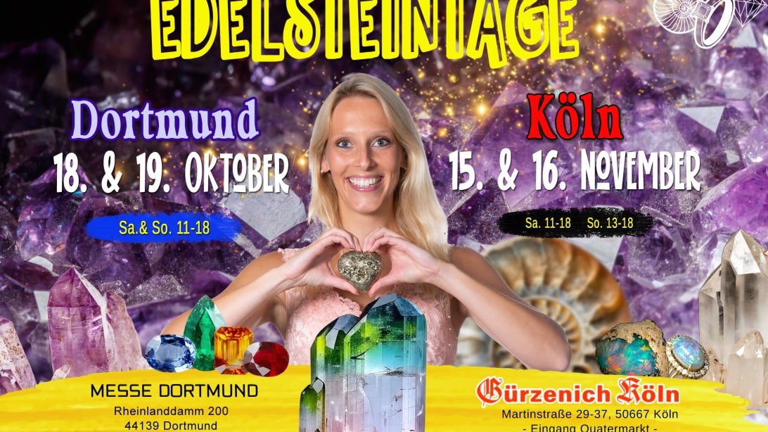 ✨ Besucht uns noch in diesem Jahr auf den Edelsteintagen! 💎
📍 Messe Dortmund: 18. + 19. Oktober
📍 Gürzenich Köln: 15. + 16. November
🌍 Taucht ein in die faszinierende Welt der Mineralien, Edelsteine und Kristalle! Internationale Aussteller präsentieren einzigartige Schätze – ein Erlebnis für die ganze Familie! 💫
👨👩👧👦 Kinder bis 14 Jahre haben in Begleitung eines Erwachsenen freien Eintritt!
Wir freuen uns auf euch! 🤩
#Edelsteintage #MesseDortmund #GürzenichKöln #Mineralienmesse #Edelsteine #Kristalle #Schmuckdesign #Steinesammler #Heilsteine #Familienevent #DortmundEvents #KölnEvents #Mineralienliebe #Steineliebe #Mineralienausstellung #HandgemachtMitLiebe